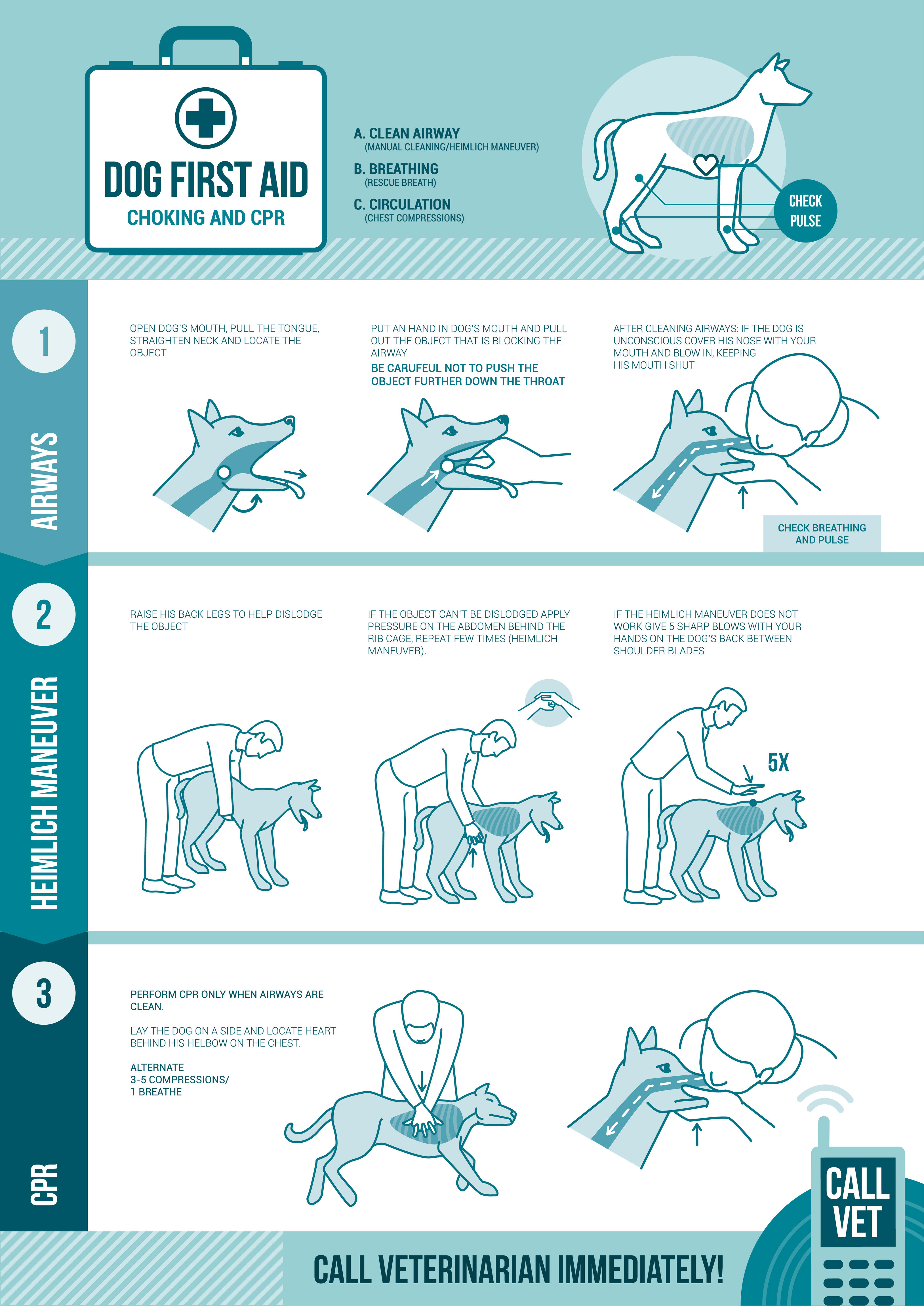 Instructions for performing Heimlich maneuver on a dog. 